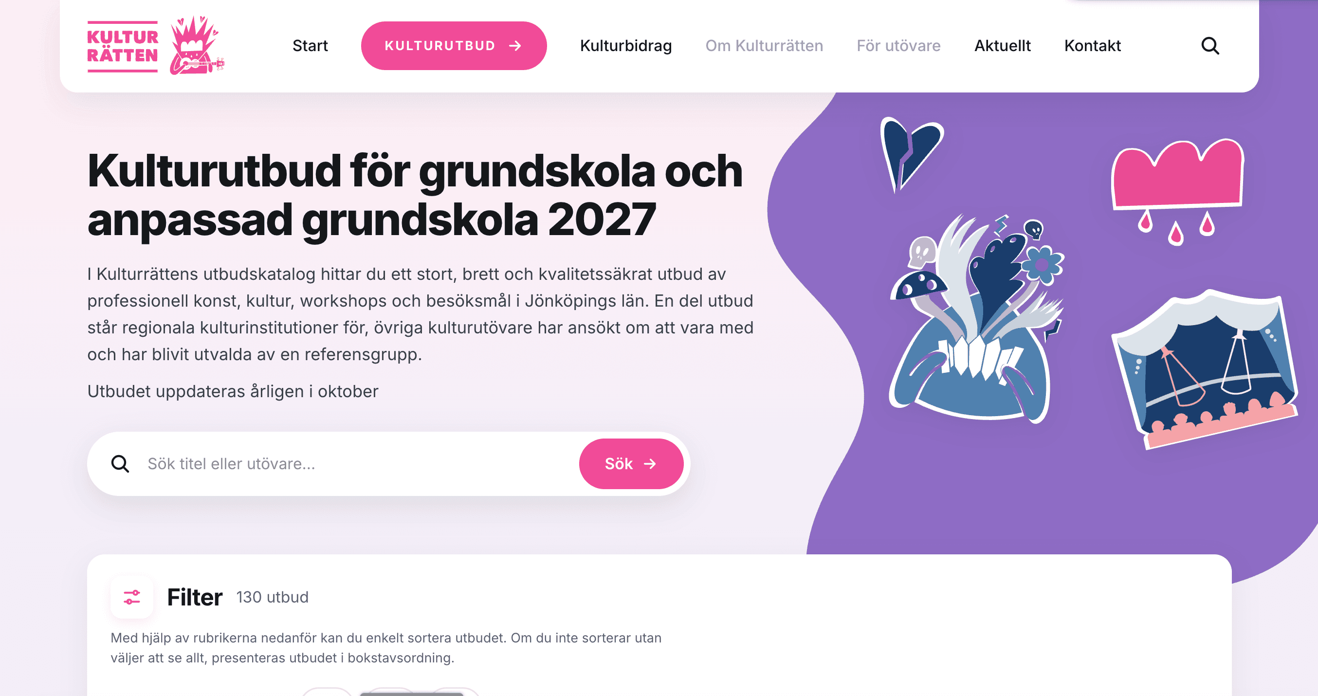 Skärmbild av sidan Kulturutbud på kulturratten.se: Kulturutbud för grundskola och anpassad grundskola 2027